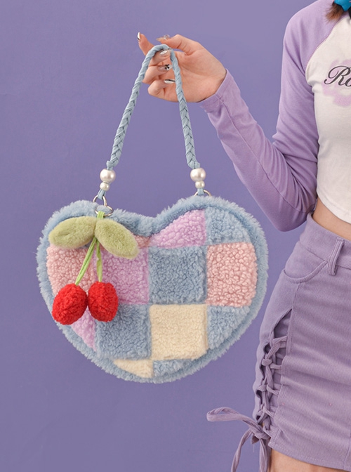 Heart-Shaped Color Contrast Stitching Plush Autumn Winter Hand-Woven Shoulder Strap Cute Cherry Ornaments Sweet Lolita Portable Shoulder Bag