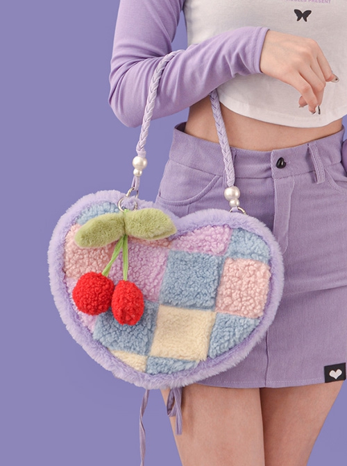 Heart-Shaped Color Contrast Stitching Plush Autumn Winter Hand-Woven Shoulder Strap Cute Cherry Ornaments Sweet Lolita Portable Shoulder Bag