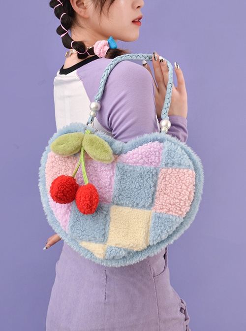 Heart-Shaped Color Contrast Stitching Plush Autumn Winter Hand-Woven Shoulder Strap Cute Cherry Ornaments Sweet Lolita Portable Shoulder Bag