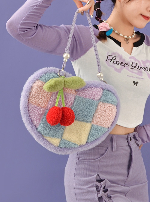 Heart-Shaped Color Contrast Stitching Plush Autumn Winter Hand-Woven Shoulder Strap Cute Cherry Ornaments Sweet Lolita Portable Shoulder Bag