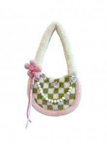 Green White Checkerboard Pink Bear Flower Acrylic Accessories Sweet Lolita Plush Tote Shoulder Bag