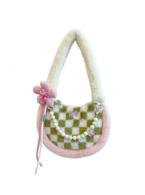 Green White Checkerboard Pink Bear Flower Acrylic Accessories Sweet Lolita Plush Tote Shoulder Bag