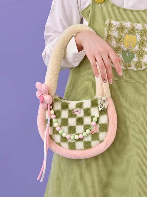 Green White Checkerboard Pink Bear Flower Acrylic Accessories Sweet Lolita Plush Tote Shoulder Bag