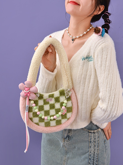 Green White Checkerboard Pink Bear Flower Acrylic Accessories Sweet Lolita Plush Tote Shoulder Bag