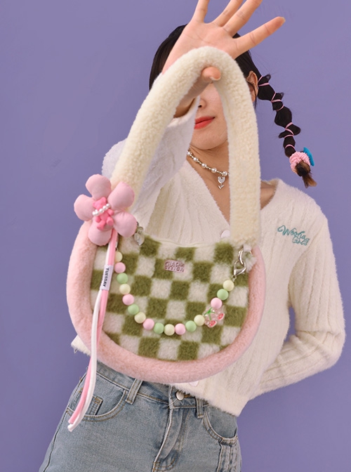 Green White Checkerboard Pink Bear Flower Acrylic Accessories Sweet Lolita Plush Tote Shoulder Bag