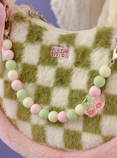 Green White Checkerboard Pink Bear Flower Acrylic Accessories Sweet Lolita Plush Tote Shoulder Bag