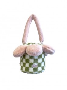 Autumn Winter Cute Plush Green-White Checkerboard Pink Petal Design Drawstring Bucket Bag Sweet Lolita Portable Shoulder Bag
