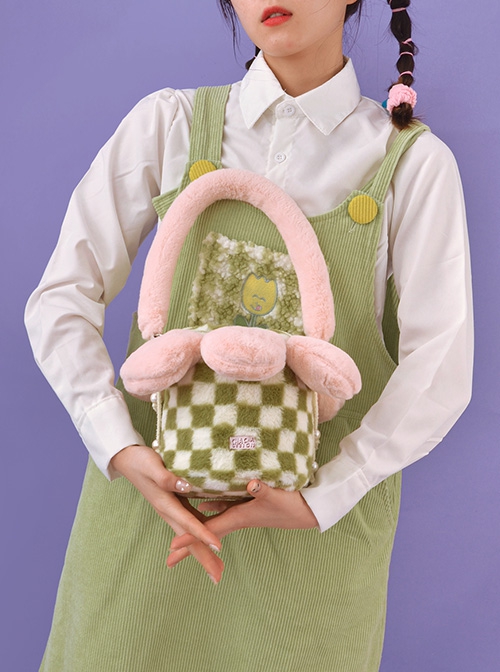 Autumn Winter Cute Plush Green-White Checkerboard Pink Petal Design Drawstring Bucket Bag Sweet Lolita Portable Shoulder Bag