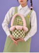 Autumn Winter Cute Plush Green-White Checkerboard Pink Petal Design Drawstring Bucket Bag Sweet Lolita Portable Shoulder Bag