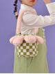 Autumn Winter Cute Plush Green-White Checkerboard Pink Petal Design Drawstring Bucket Bag Sweet Lolita Portable Shoulder Bag