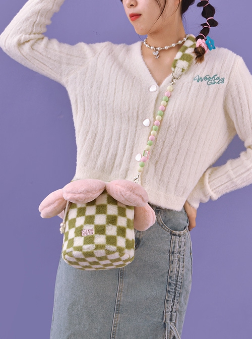 Autumn Winter Cute Plush Green-White Checkerboard Pink Petal Design Drawstring Bucket Bag Sweet Lolita Portable Shoulder Bag