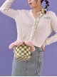 Autumn Winter Cute Plush Green-White Checkerboard Pink Petal Design Drawstring Bucket Bag Sweet Lolita Portable Shoulder Bag