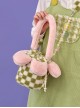 Autumn Winter Cute Plush Green-White Checkerboard Pink Petal Design Drawstring Bucket Bag Sweet Lolita Portable Shoulder Bag