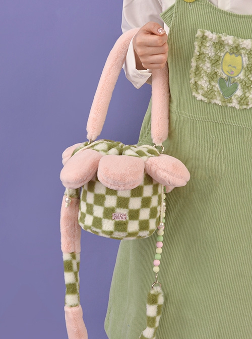 Autumn Winter Cute Plush Green-White Checkerboard Pink Petal Design Drawstring Bucket Bag Sweet Lolita Portable Shoulder Bag