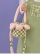 Autumn Winter Cute Plush Green-White Checkerboard Pink Petal Design Drawstring Bucket Bag Sweet Lolita Portable Shoulder Bag
