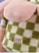 Autumn Winter Cute Plush Green-White Checkerboard Pink Petal Design Drawstring Bucket Bag Sweet Lolita Portable Shoulder Bag