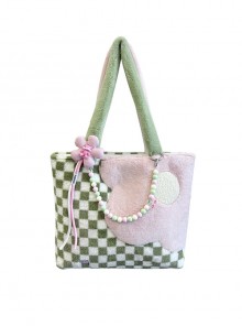 Pink Green Contrasting Color Acrylic Accessories Small Flower Decoration Plush Checkerboard Splicing Large Capacity Sweet Lolita Portable Shoulder Bag
