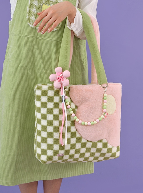 Pink Green Contrasting Color Acrylic Accessories Small Flower Decoration Plush Checkerboard Splicing Large Capacity Sweet Lolita Portable Shoulder Bag