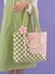 Pink Green Contrasting Color Acrylic Accessories Small Flower Decoration Plush Checkerboard Splicing Large Capacity Sweet Lolita Portable Shoulder Bag