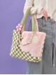 Pink Green Contrasting Color Acrylic Accessories Small Flower Decoration Plush Checkerboard Splicing Large Capacity Sweet Lolita Portable Shoulder Bag