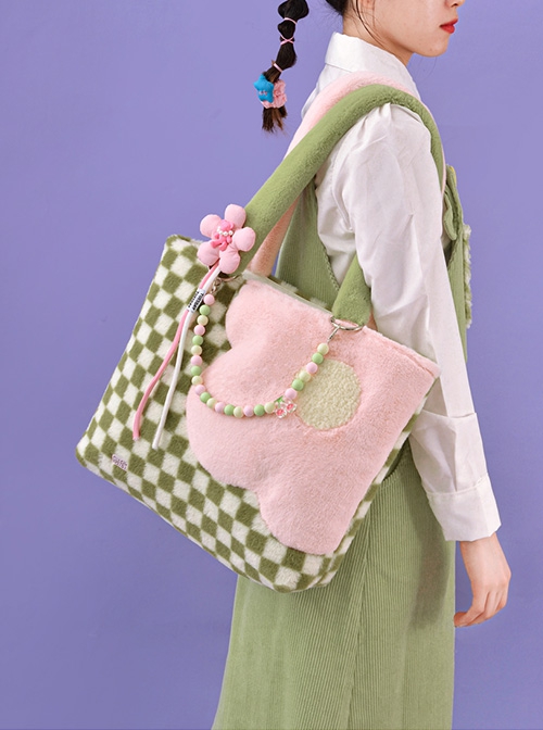 Pink Green Contrasting Color Acrylic Accessories Small Flower Decoration Plush Checkerboard Splicing Large Capacity Sweet Lolita Portable Shoulder Bag