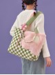 Pink Green Contrasting Color Acrylic Accessories Small Flower Decoration Plush Checkerboard Splicing Large Capacity Sweet Lolita Portable Shoulder Bag