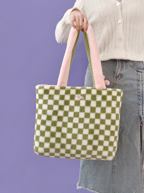 Pink Green Contrasting Color Acrylic Accessories Small Flower Decoration Plush Checkerboard Splicing Large Capacity Sweet Lolita Portable Shoulder Bag