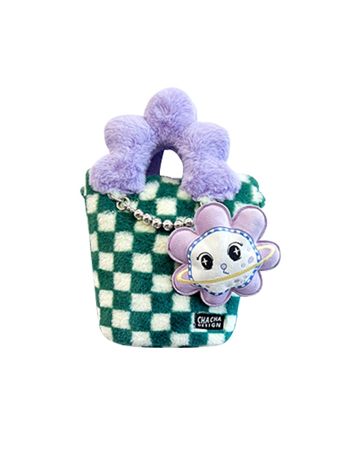 Checkerboard Patchwork Purple Plush Flower Handle Design Detachable Purple Beaded Shoulder Strap Sweet Lolita Portable Messenger Bag