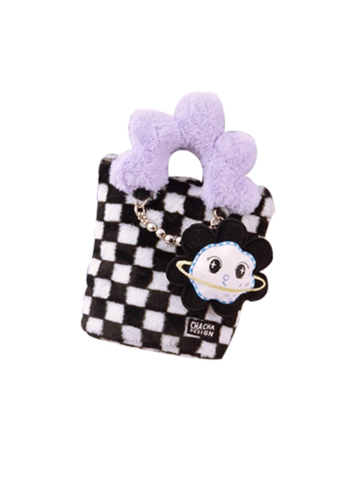 Checkerboard Patchwork Purple Plush Flower Handle Design Detachable Purple Beaded Shoulder Strap Sweet Lolita Portable Messenger Bag