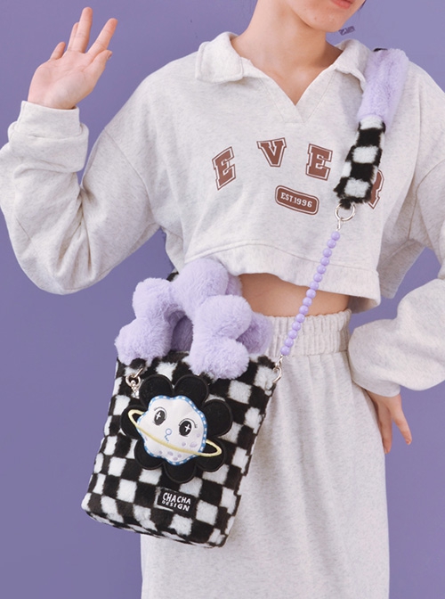 Checkerboard Patchwork Purple Plush Flower Handle Design Detachable Purple Beaded Shoulder Strap Sweet Lolita Portable Messenger Bag