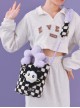 Checkerboard Patchwork Purple Plush Flower Handle Design Detachable Purple Beaded Shoulder Strap Sweet Lolita Portable Messenger Bag