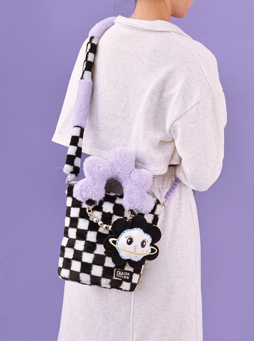 Checkerboard Patchwork Purple Plush Flower Handle Design Detachable Purple Beaded Shoulder Strap Sweet Lolita Portable Messenger Bag
