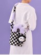 Checkerboard Patchwork Purple Plush Flower Handle Design Detachable Purple Beaded Shoulder Strap Sweet Lolita Portable Messenger Bag