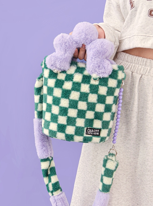 Checkerboard Patchwork Purple Plush Flower Handle Design Detachable Purple Beaded Shoulder Strap Sweet Lolita Portable Messenger Bag