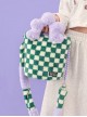 Checkerboard Patchwork Purple Plush Flower Handle Design Detachable Purple Beaded Shoulder Strap Sweet Lolita Portable Messenger Bag