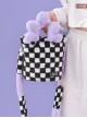 Checkerboard Patchwork Purple Plush Flower Handle Design Detachable Purple Beaded Shoulder Strap Sweet Lolita Portable Messenger Bag