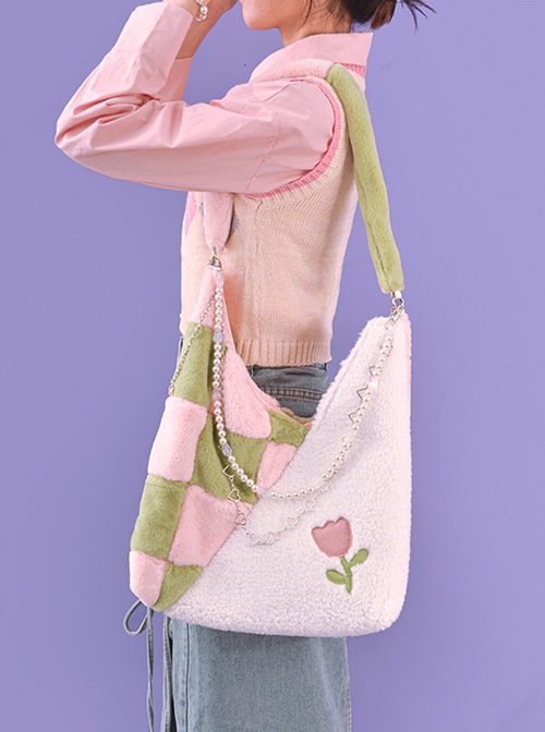 Pink-Green Plaid Stitching White Soft Plush Large-Capacity Bag Love Metal Chain Beads Accessories Sweet Lolita Portable Messenger Bag