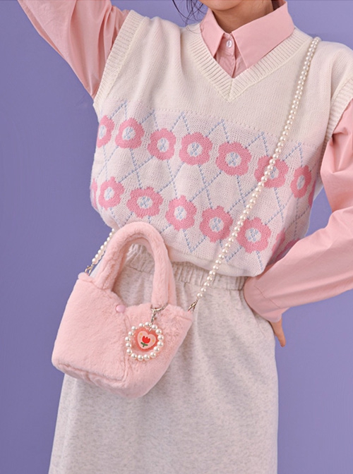 Candy Color Autumn Winter Plush Tulip Accessories Detachable Pearl Shoulder Strap Sweet Lolita Handheld Shoulder Bag