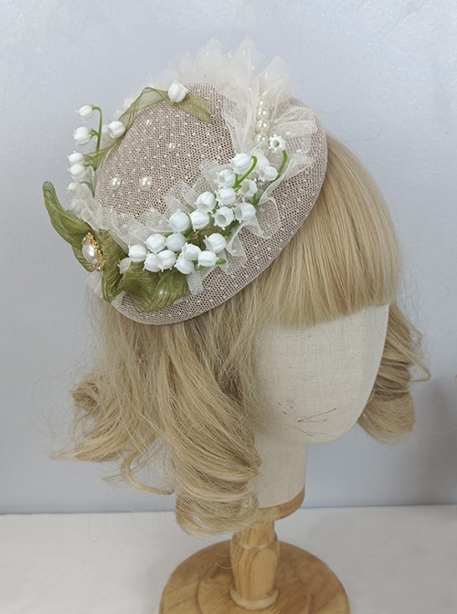 Elegant Retro Pastoral Style Polka Dot Yarn Green Bow-Knot Ribbon Lily Of The Valley Classic Lolita Top Hat