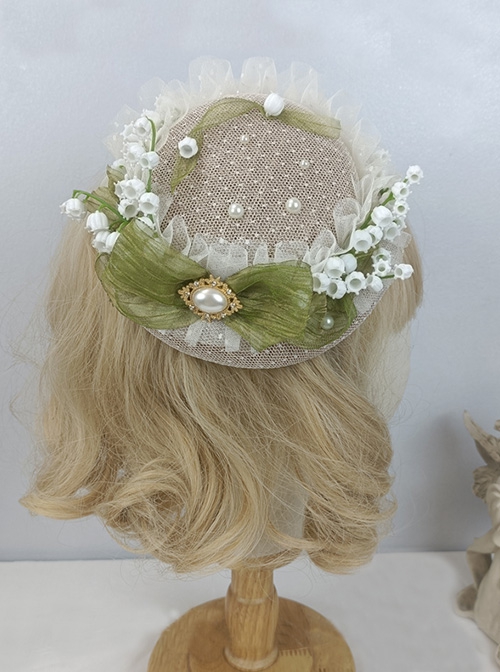 Elegant Retro Pastoral Style Polka Dot Yarn Green Bow-Knot Ribbon Lily Of The Valley Classic Lolita Top Hat