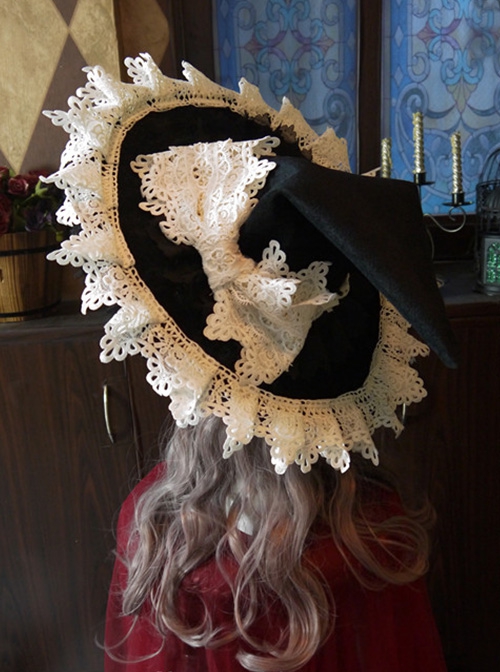 Marisa Impression Series White Oversized Lace Bow-Knot Halloween Black-White Witch Hat Gothic Lolita Hat