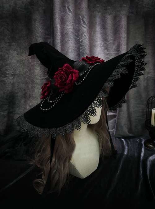 Halloween Miko Rose Pearl Chain Lace Lace-Up Pointed Hat Gothic Lolita Hat