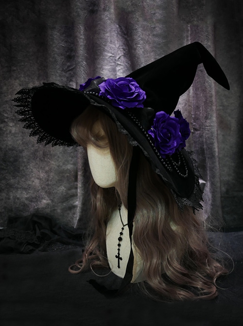 Halloween Miko Rose Pearl Chain Lace Lace-Up Pointed Hat Gothic Lolita Hat