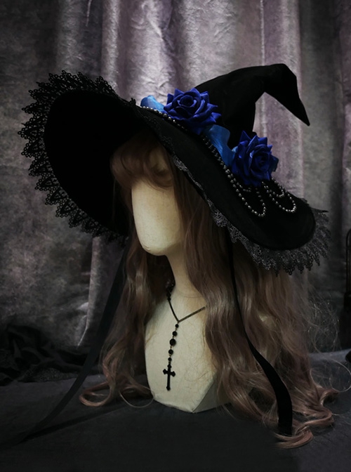 Halloween Miko Rose Pearl Chain Lace Lace-Up Pointed Hat Gothic Lolita Hat