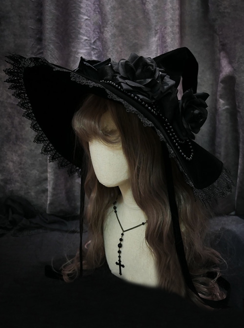 Halloween Miko Rose Pearl Chain Lace Lace-Up Pointed Hat Gothic Lolita Hat