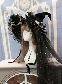 Polar Night Starry Sky Series Ornate Bronzing Star Rhinestone Bow Gold Star Pendant Halloween Gothic Lolita Witch Hat