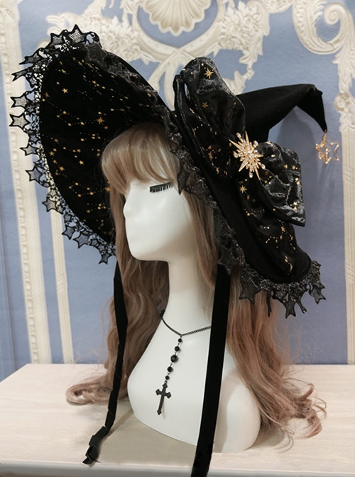 Polar Night Starry Sky Series Ornate Bronzing Star Rhinestone Bow Gold Star Pendant Halloween Gothic Lolita Witch Hat