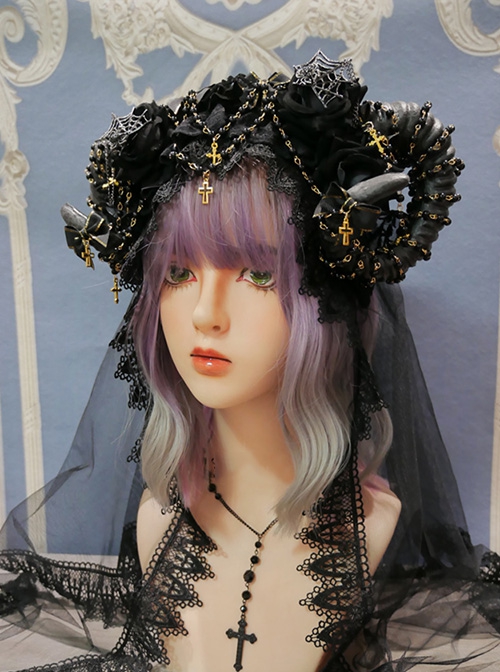 Spider Lair Series Rose Spider Web Halloween Cross Bead Chain Decoration Gothic Lolita Ornate Devil Horn Headband