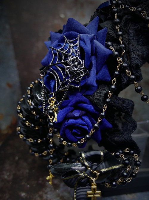 Spider Lair Series Rose Spider Web Halloween Cross Bead Chain Decoration Gothic Lolita Ornate Devil Horn Headband