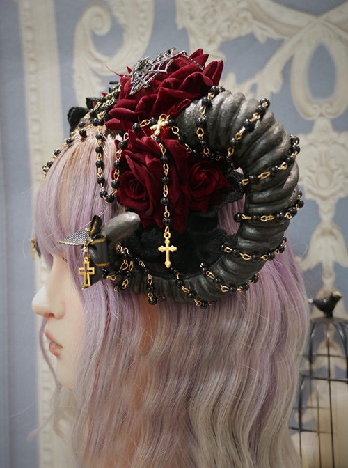 Spider Lair Series Rose Spider Web Halloween Cross Bead Chain Decoration Gothic Lolita Ornate Devil Horn Headband